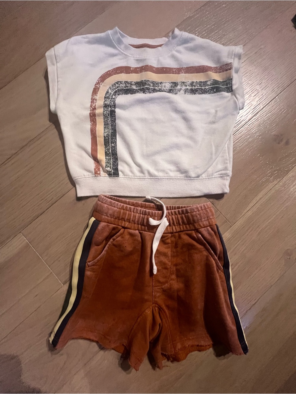 wonder nation Rust Brown Shorts with White Retro Stripe Top